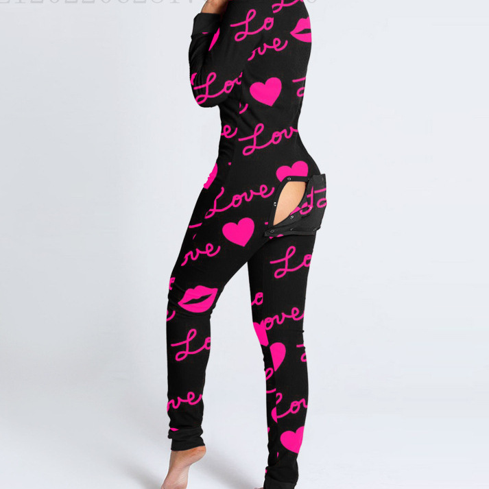 Foreign Trade Autumn and Winter European and American Button Flip Adult Pajamas Front Functional Red Long-Sleeved Home Wear Jumpsuit Foreign Trade Autumn and Winter European and American Button Flip Adult Pajamas Front Functional Red Long-Sleeved Home Wear Jumpsuit