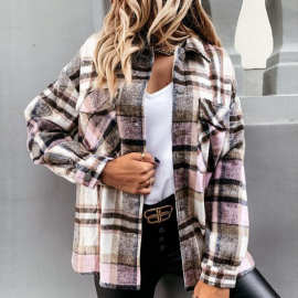 速卖通女装秋冬新款长袖翻领复古格子印花中长款衬衫衬衣外套女潮