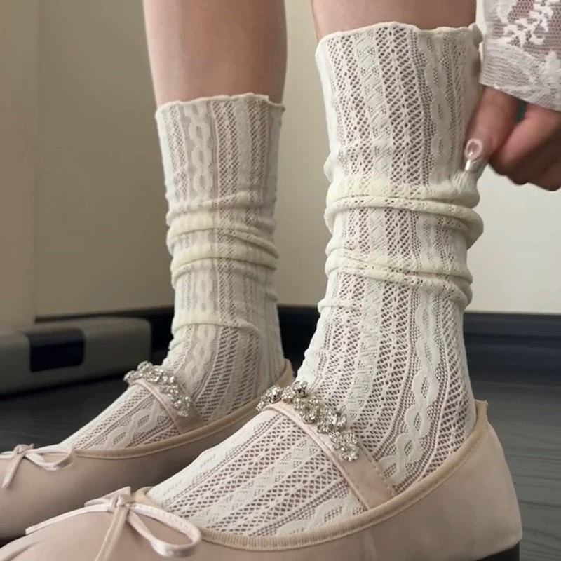 Summer Thin Fishnet Socks Paired with Mary Jane Shoes, Ballet-Style Hollow-Out Cable Knit Mid-Calf Socks for Women
