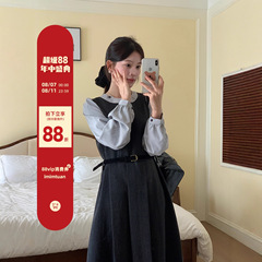 陆小团团假两件长袖连衣裙女2025秋季新款显瘦韩系氛围感穿搭长裙