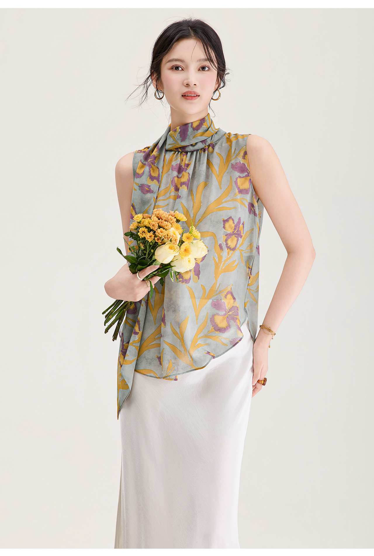 Áo hai dây nữ chất liệu chiffon in hoa, phối dây lụa, phong cách thanh lịch mùa hè — màu xám chi tiết 20