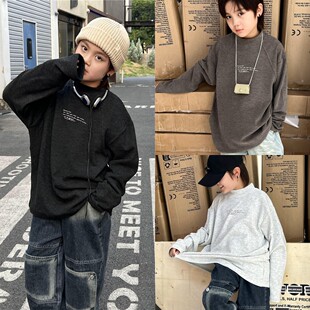 Children's Autumn and Winter Base Layer Shirt, Soft and Thickened with Thin Fleece, Medium Collar, Boys and Girls, Letter Design, Warm Long-Sleeve Trendy Top