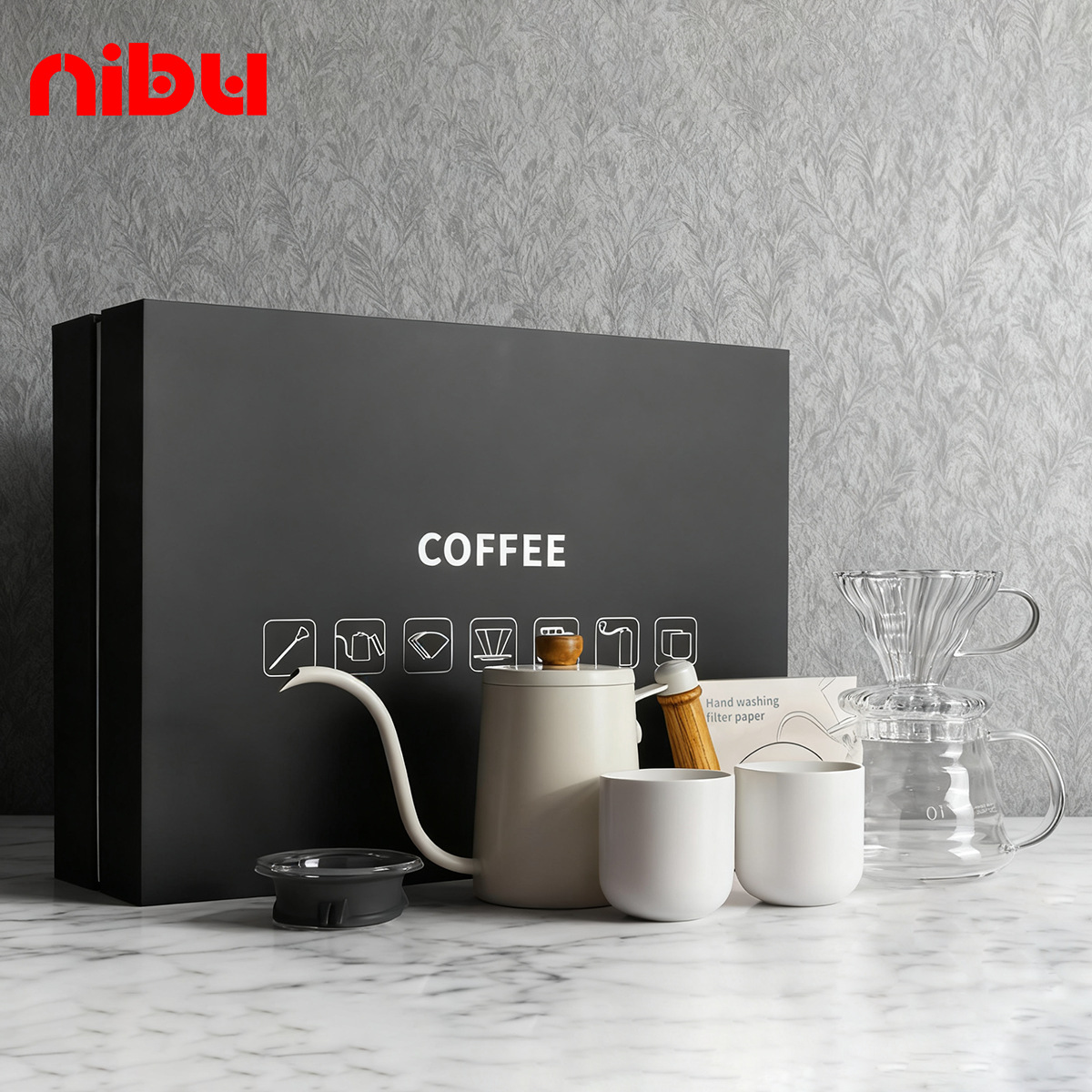 Nibu nuevo conjunto de café de fabricación manual, caja de regalo de negocios de café, taza de café de fabricación manual, papel de filtro de taza de fabricación manual, 6 conjuntos