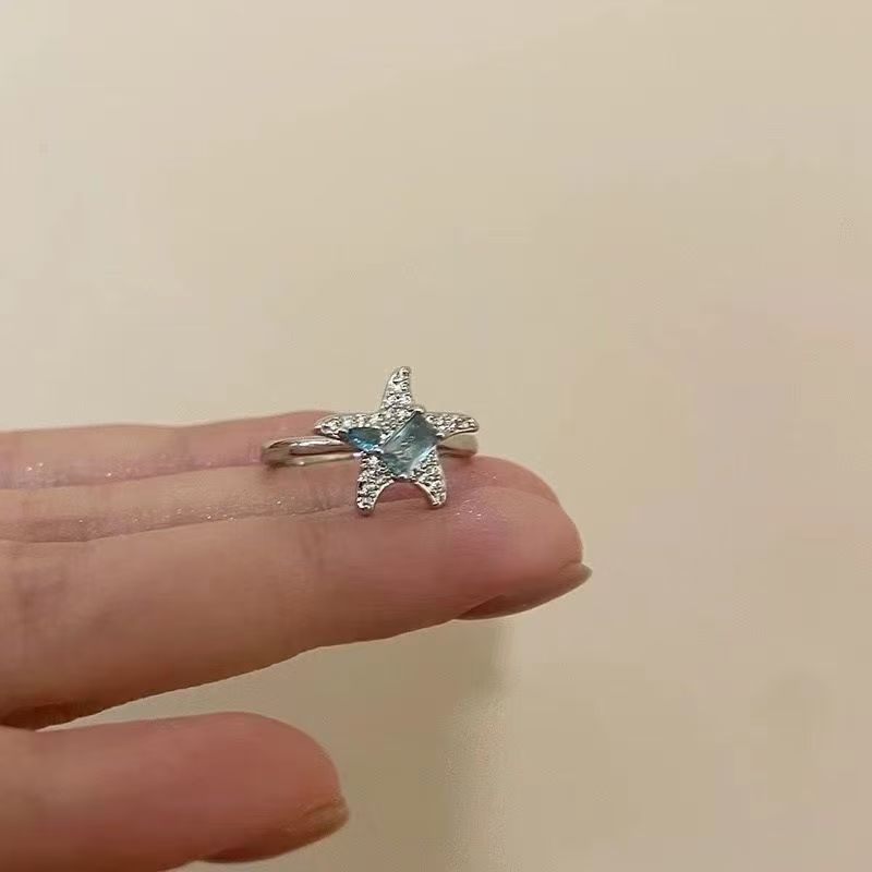蓝色星星锆石戒指女轻奢小众高级感食指戒时尚个性叠戴可调节指环|undefined