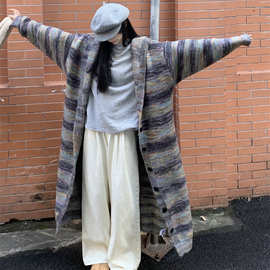 韩版大码连帽中长款针织开衫外套秋冬新款时尚百搭宽松慵懒风毛衣