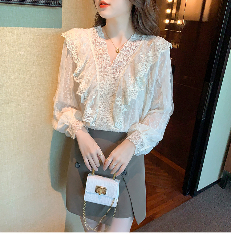 2023春季新款V领荷叶边衬衫女长袖蕾丝衫上衣温柔韩版仙女上衣详情10