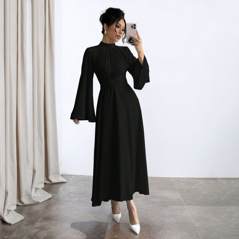 Black Stand-Collar Waist-Cinching Long Dress for Women, Spring/Summer Long-Sleeve Vintage Flared Sleeves Solid Color Gown for Petite Sizes