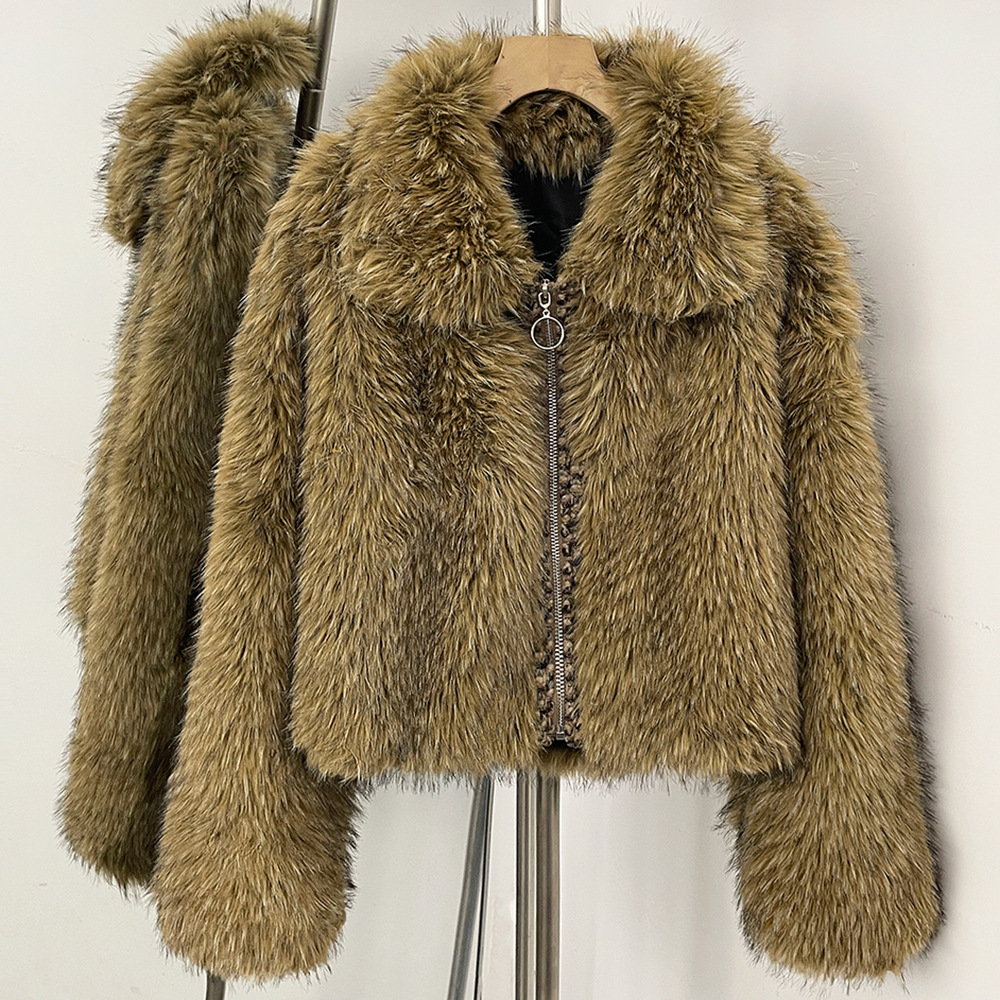 欧美短款仿真皮草外套女Faux Fur Jacket秋冬加厚保暖环保貉子毛
