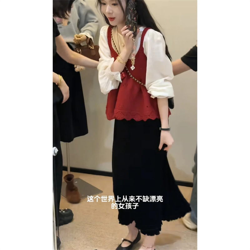秋季时尚搭配一整套女韩系镂空吊带针织马甲衬衫半身裙三件套装潮|undefined