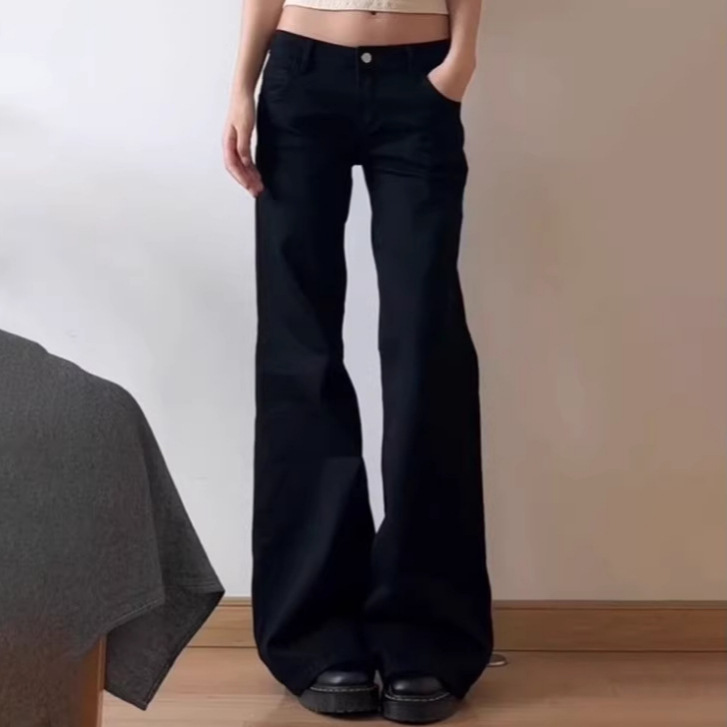 American-style sexy black low-rise flared jeans for women, loose and slimming, stretchy wide-leg floor-length pants for spring and autumn, trendy