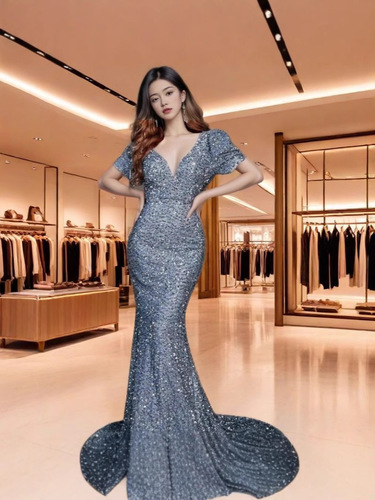 Spring and summer new products fashionable V-neck bag hip sequins European and American dress mid-waist lantern sleeves long evening dress
