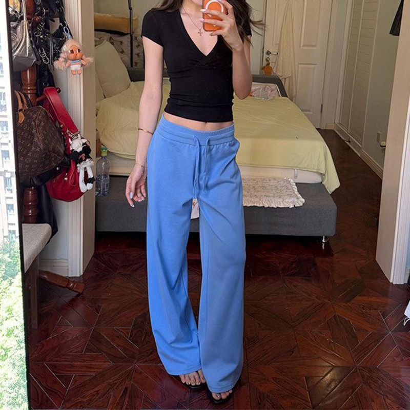 Blue high-waisted straight-leg pants for women, American casual style, new loose drawstring sweatpants, trendy wide-leg dance pants
