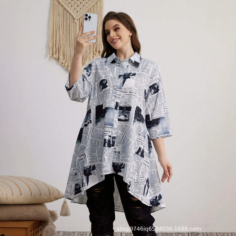 Spring Plus-Size Shirt with Newspaper Print, Three-Quarter Sleeves, High-Low Hem, Shirt Collar, Long Cardigan, Cross-Border European and American Street Style Spring Plus-Size Shirt with Newspaper Print, Three-Quarter Sleeves, High-Low Hem, Shirt Collar, Long Cardigan, Cross-Border European and American Street Style