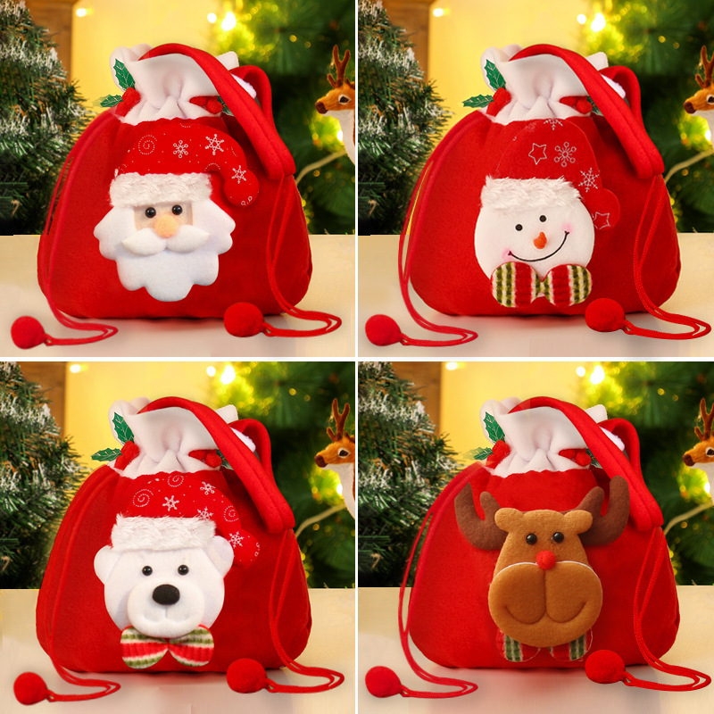 クリスマスギフトバッグリンゴバッグクリスマスプレゼントバッグベルベットキャンディー装飾用品老人雪だるま鹿束口|undefined