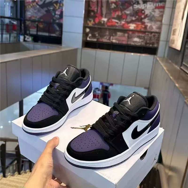Putian Pure Original Aj1 Low-Top Black and Purple Toe Sneakers Smoke Gray Black and White Joe 1 Men and Women Couple Sports Shoes First Layer Cowhide