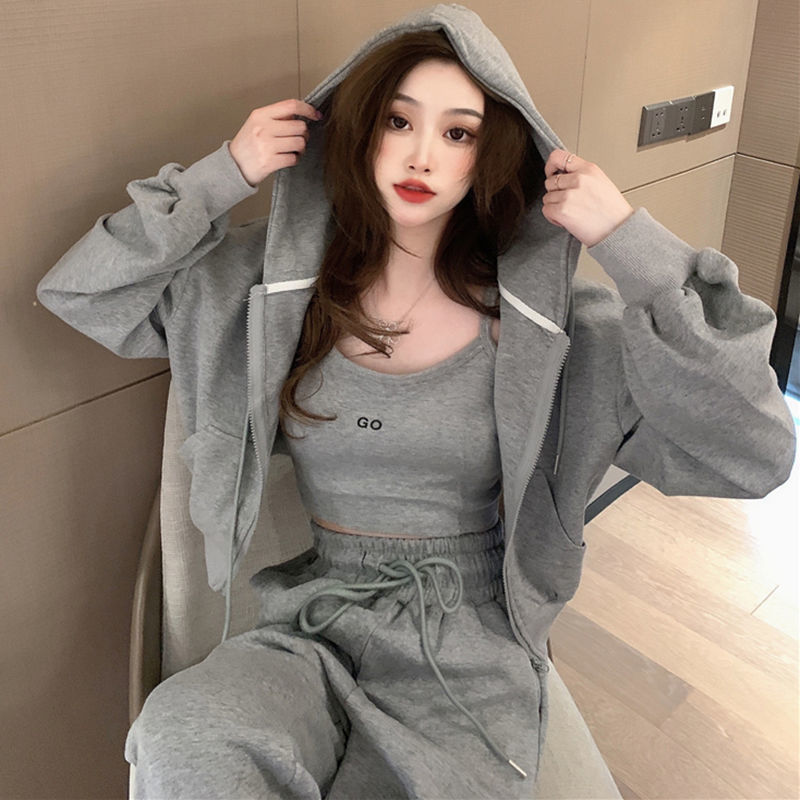 早秋休闲运动服套装女春夏2025时尚减龄炸街健身束脚裤卫衣三件套|undefined