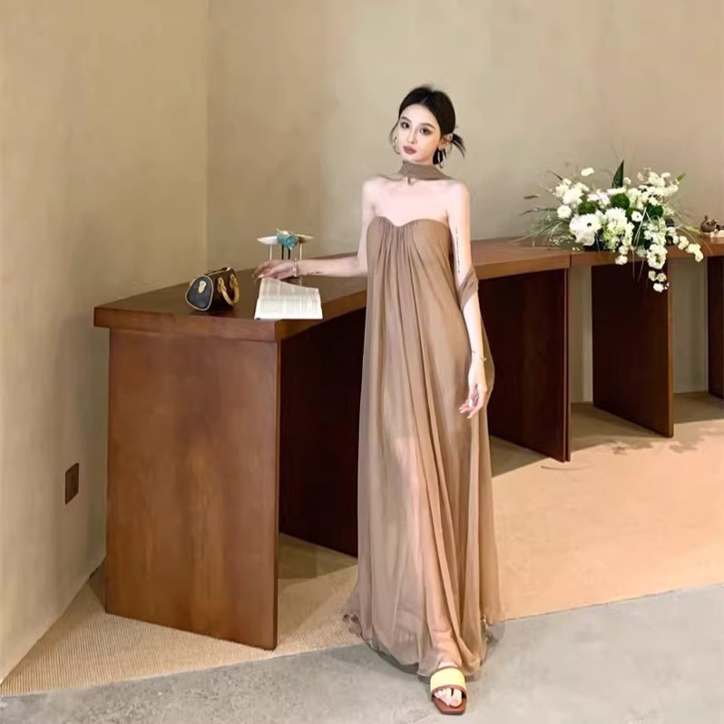 Resort-Style Ribbon Sleeveless Tube Top Dress for Women, Summer Elegant Loose-Fitting Flared Skirt, Designer Casual Long Dress