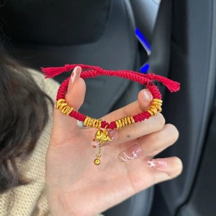999 Pure Gold Coiled Gold Bracelet Women's Tassel Gold Gourd Broken Gold Red Rope Braided Bracelet Pure Gold Animal Year