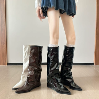 2666-1尖头裤管靴女2025新秋冬长筒靴不过膝高筒长靴显瘦骑士靴子