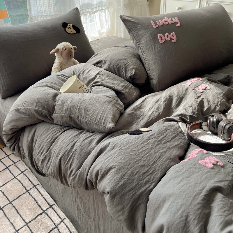 Ins Dark Color Super Soft and Stain-Resistant Puppy Towel Embroidered Washed Cotton Four-Piece Set Quilt Cover Dormitory Bed Three-Piece Set Bedding