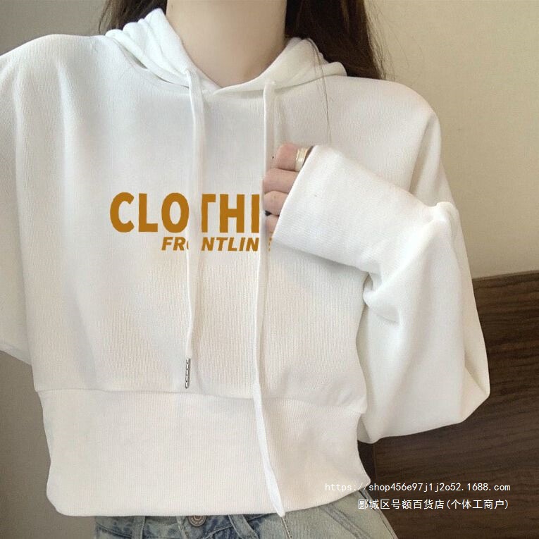 Women's autumn and winter hooded sweatshirt, fleece-lined, Korean style, simple design, suitable for students, long-sleeved, printed, short, loose-fitting top, trendy Women's autumn and winter hooded sweatshirt, fleece-lined, Korean style, simple design, suitable for students, long-sleeved, printed, short, loose-fitting top, trendy