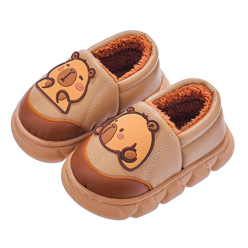 Capibara invierno zapatillas de algodón para niños, piel PU impermeable, cálida y terciaria, bolsas de tacones de algodón para niños, niños