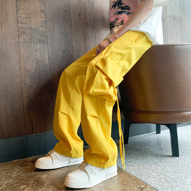 Yellow Dopamine Outfit Ice Silk Quick-Dry Cargo Pants Men Oversized High Street Trendy Parachute Pants Autumn