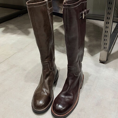 Grape Mama washed horsehide boots long boots thick-soled mid-calf no-knee knight boots for women 2024 new boots for women