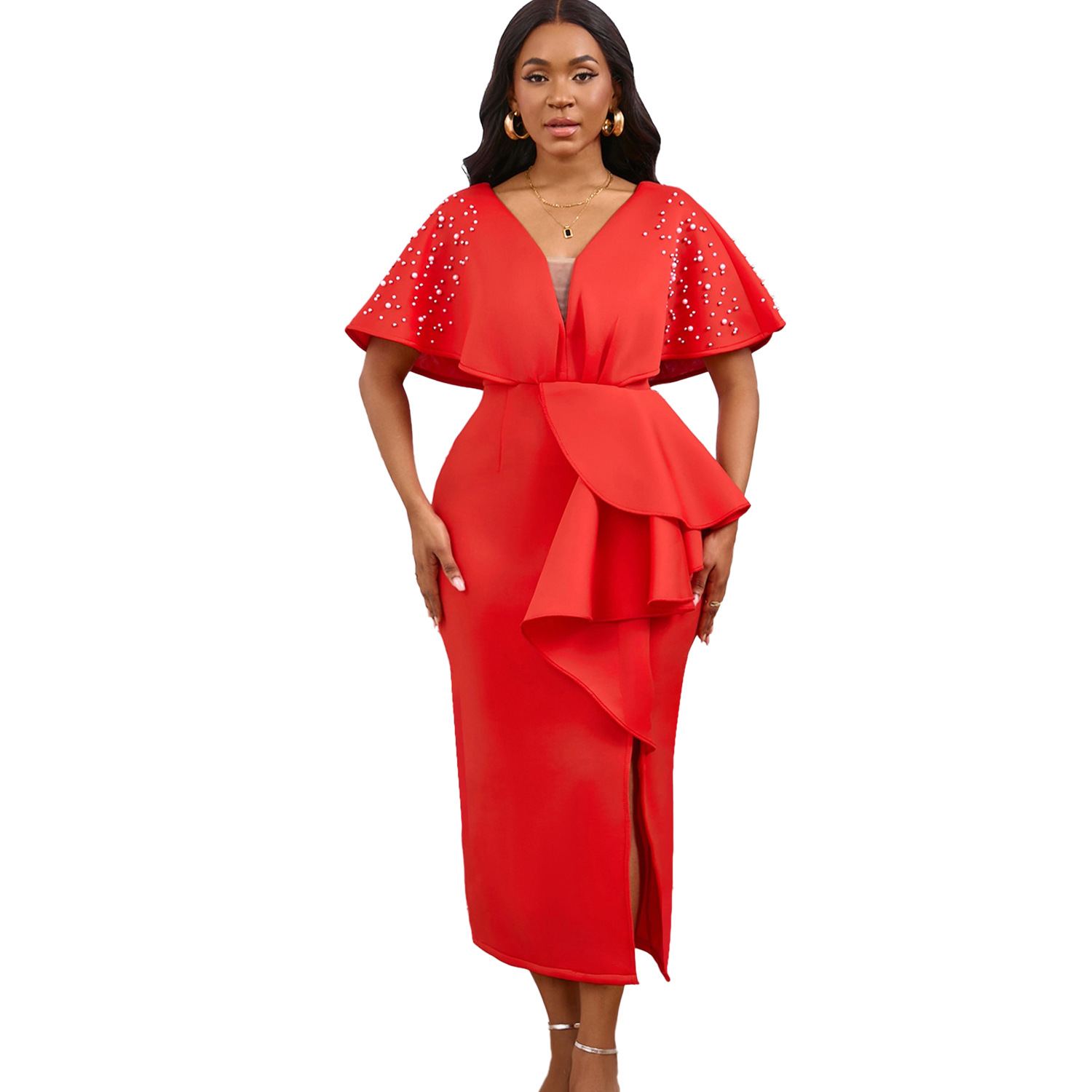 Robe de soirée sexy à col en V et à volants avec fente perlée, robe de banquet de tempérament de célébrité_voghion.com