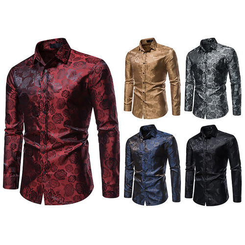 Men's Singer Host Groomsmen stage performance jazz dance dress shirts Fashion Rose floral Long Sleeve Men's best man Casual Slim Shirts