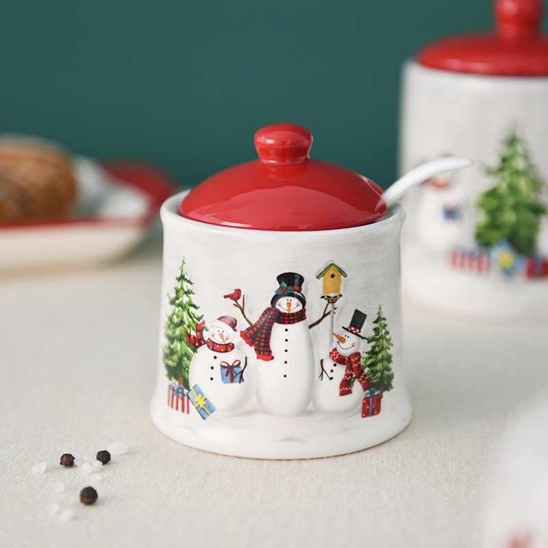 Tarro de condimento de cerámica de muñeco de nieve de Navidad de Nordic Country Tarro de condimento multifuncional Tarro de azúcar de cocina Tarro de sal con vajilla de cuchara
