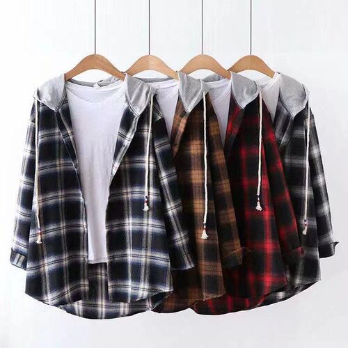 Spring, Summer, Autumn Women's Grid Shirt Retro Hong Kong Style Ins Loose Hooded Sweatshirt Outerwear Shirt