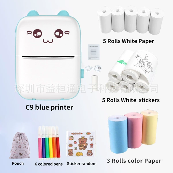 C9 English version blue, 5 thermal paper, 5 rolls adhesive labels, 3 colored papers, 6 watercolor pens, cartoon stickers, cloth bag