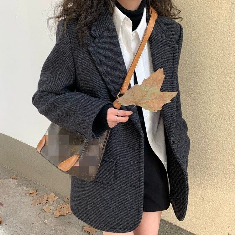 Плюс размер женский пригородный ретро шерстяной пиджак 2023 осень и зима Новый утолщенный костюм для пухленькой девушки [0826]