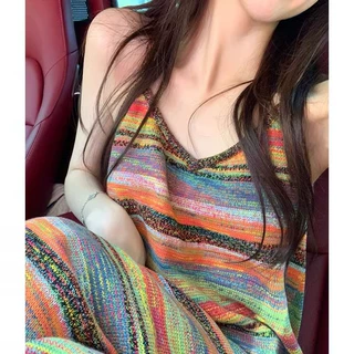 法式彩色条纹针织吊带连衣裙2025春夏新款性感辣妹修身显瘦长裙女