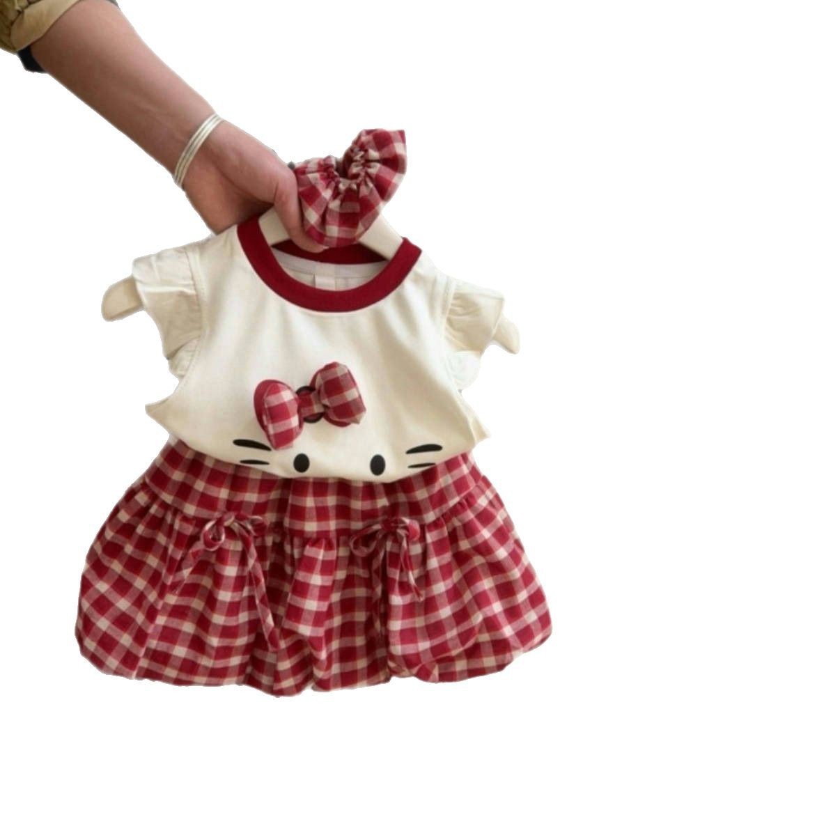 女の子の夏のスーツ2025の新型の洋気の子供のかわいい漫画のプリントの半袖のtシャツの格子のつぼみのスカート