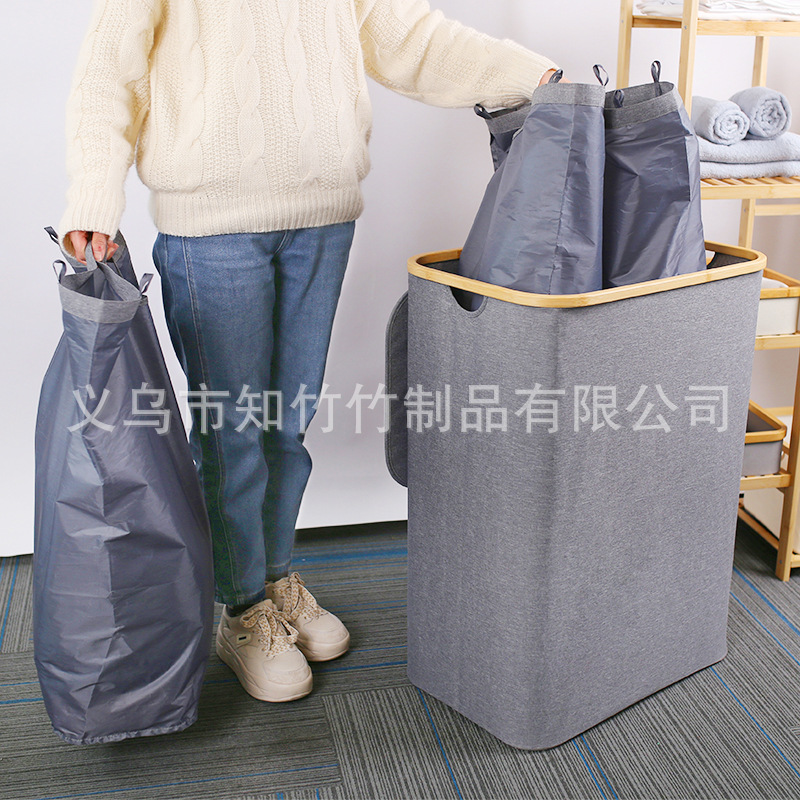 Cesto de Ropa de Tela Zhi Zhu, Plegable de Bambú con Tres Bolsillos Interiores, Gran Capacidad, Éxito de Ventas Transfronterizo