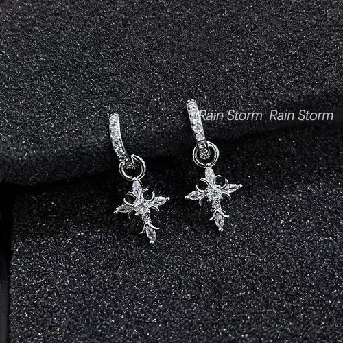 Diamond-encrusted Baroque cross pendant earrings, niche design sense swan flower earrings, exquisite versatile unique earring hooks