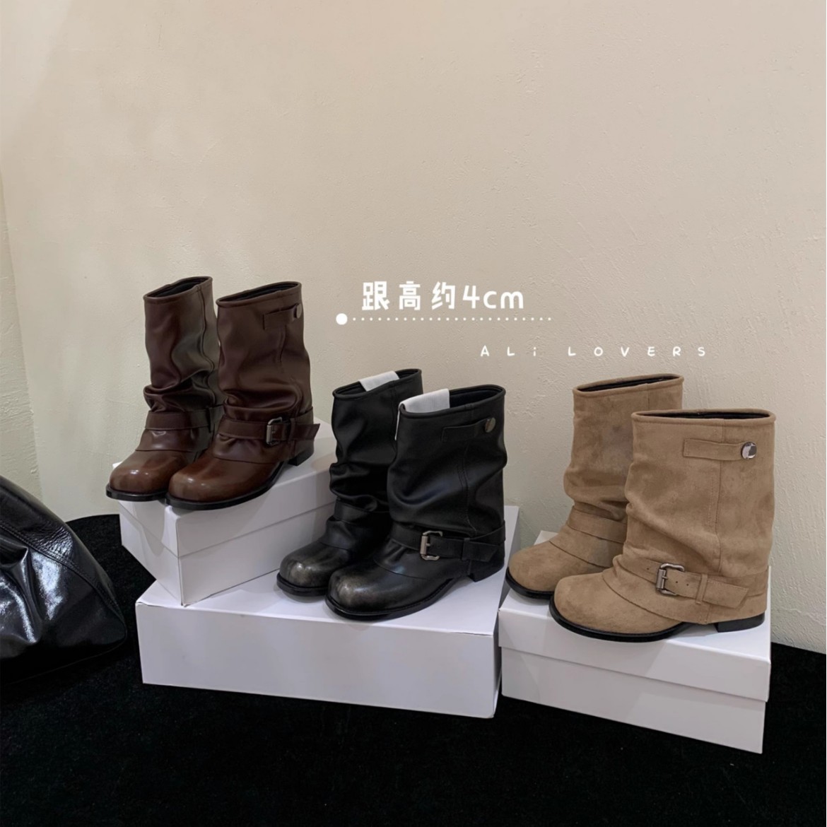 Retro Style Square Toe Pleated Color-Wiped Thick Heel Pile Boots for Women 2025 Autumn and Winter New Belt Buckle Sleeve Chimney Boots