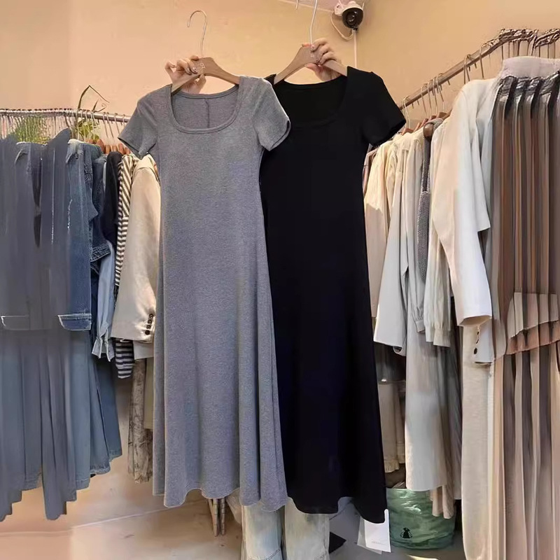 2025 Spring and Summer New Korean Style Slim Fit Small Square Collar Simple Design Long Elegant Slimming Look Short-Sleeved T-Shirt Dress 2025 Spring and Summer New Korean Style Slim Fit Small Square Collar Simple Design Long Elegant Slimming Look Short-Sleeved T-Shirt Dress
