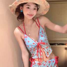 新款泳衣少女樱桃吊带四件套保守分体泳衣女比基尼小清新水上乐园