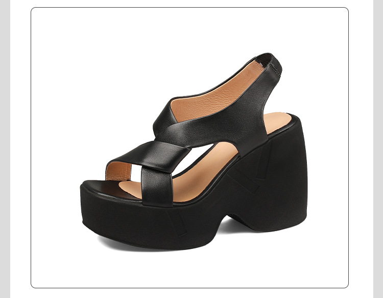 Sandal cao gót nữ hở mũi phong cách La Mã, đế xuồng, gót 9 cm, da cừu mềm — màu đen, màu trắng ngà chi tiết 20
