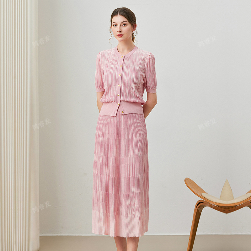 Cross-Border Women's Casual Suit, Ice Silk Round Neck Short-Sleeved Cardigan Top, Gradient Color Knitted Elegant Skirt, Two-Piece Set for Summer Cross-Border Women's Casual Suit, Ice Silk Round Neck Short-Sleeved Cardigan Top, Gradient Color Knitted Elegant Skirt, Two-Piece Set for Summer