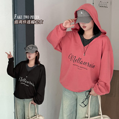 k3138假两件挂脖连帽卫衣2025秋连帽宽松休闲胖妹妹300斤洋气上衣