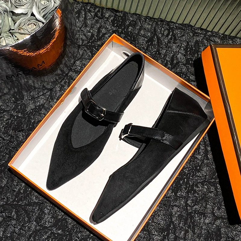 2025 новая мода слово с леопардовым принтом, дикие заостренные черные плоские подошвы, одиночные туфли большого размера, женские туфли 41-43