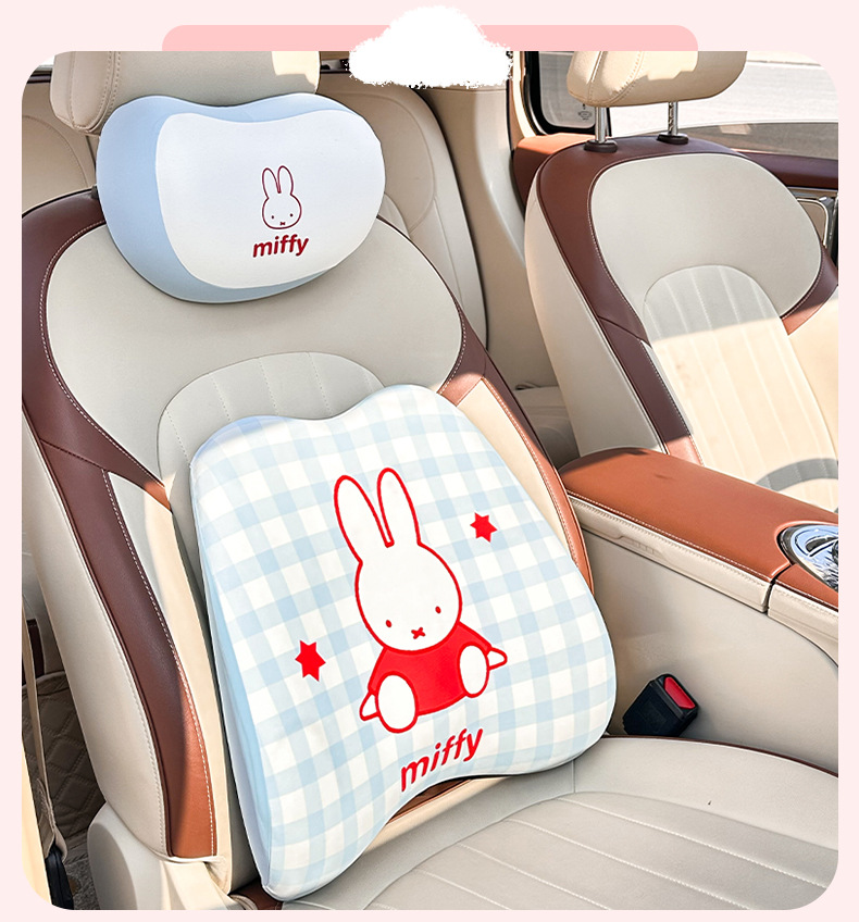 Original Miffy Car Headrest and Lumbar Support, Cute Car Backrest Cushion, Soft and Comfortable Memory Foam Car Pillow