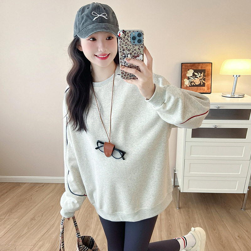 实拍孕妇秋冬装加绒加厚减龄拉条卫衣女新款百搭宽松孕妇辣妈上衣|undefined