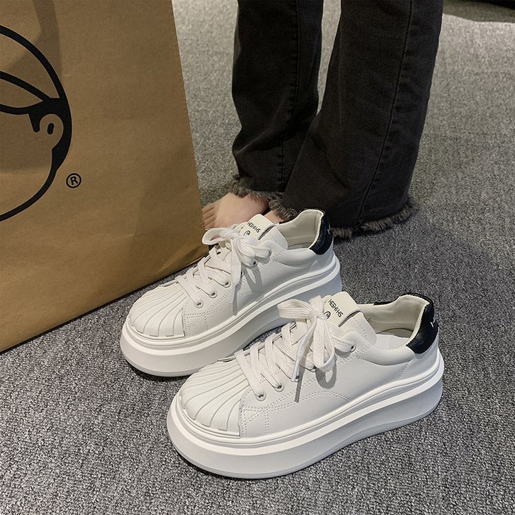 Genuine leather sponge cake with thick soles raised white shoes, women's shell head, spring 2024 new versatile sports_voghion.com