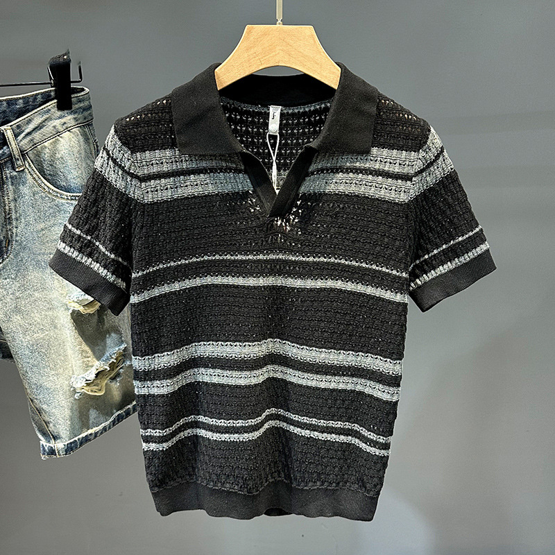 Verano nuevo estilo suéter de manga corta camisa POLO a rayas huecas para hombre camiseta de seda de hielo de negocios con cuello en V comercio exterior al por mayor transfronterizo