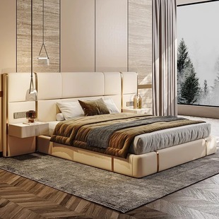 Simple and Luxurious Leather Bed, Modern Master Bedroom, Minimalist Double Soft Bed, Designer High-End Villa, High-End Large Bed